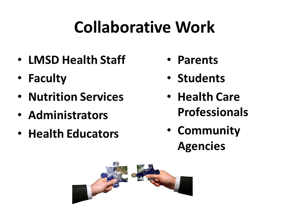 Collaborative Work LMSD Health Staff Faculty Nutrition Services Administrators Health Educators Parents Students Health Care Professionals Community Agencies