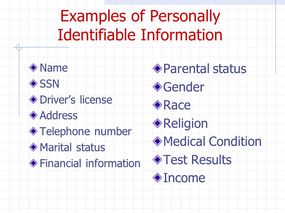 Examples of Personally Identifiable Information Name SSN Driver’s license Address Telephone number Marital status Financial information Parental status Gender Race Religion Medical Condition Test Results Income