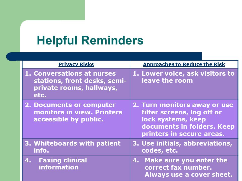 Helpful Reminders Privacy RisksApproaches to Reduce the Risk 1.Conversations at nurses stations, front desks, semi- private rooms, hallways, etc.