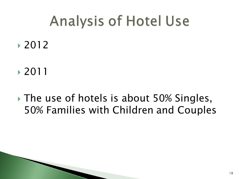 2012  2011  The use of hotels is about 50% Singles, 50% Families with Children and Couples 18