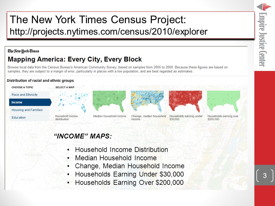 INCOME MAPS: Household Income Distribution Median Household Income Change, Median Household Income Households Earning Under $30,000 Households Earning Over $200,000 The New York Times Census Project:   The New York Times Census Project:   3