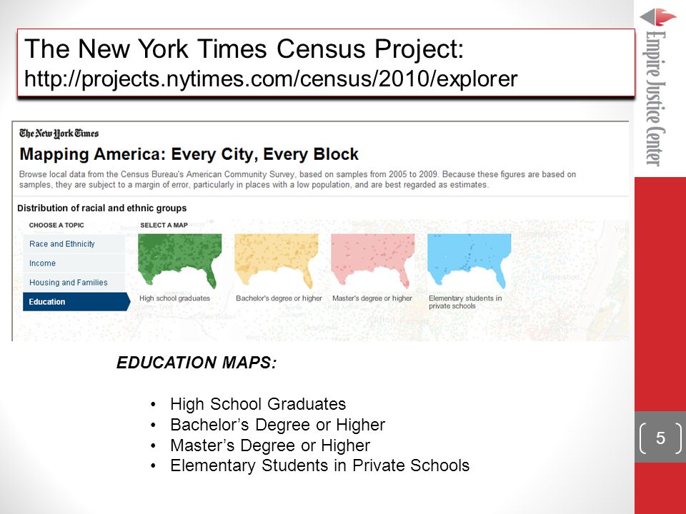 EDUCATION MAPS: High School Graduates Bachelor’s Degree or Higher Master’s Degree or Higher Elementary Students in Private Schools The New York Times Census Project:   The New York Times Census Project:   5