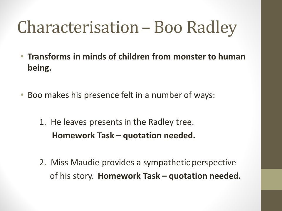 Characterisation – Boo Radley Transforms in minds of children from monster to human being.