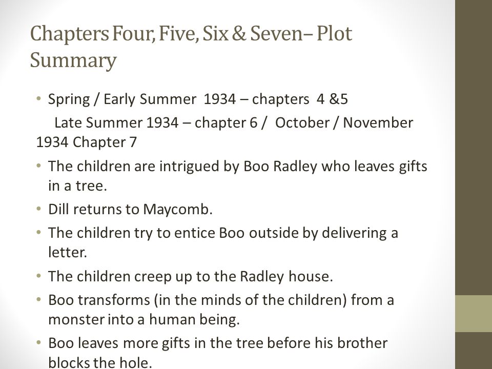 Chapters Four, Five, Six & Seven– Plot Summary Spring / Early Summer 1934 – chapters 4 &5 Late Summer 1934 – chapter 6 / October / November 1934 Chapter 7 The children are intrigued by Boo Radley who leaves gifts in a tree.