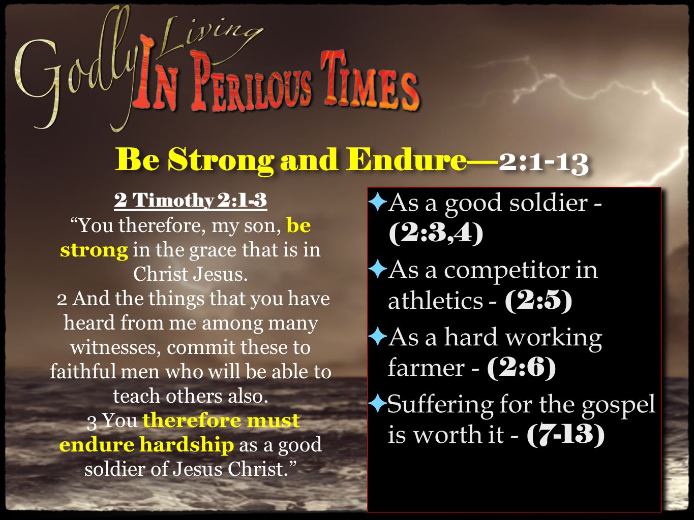 Be Strong and Endure— 2:1-13 ✦ As a good soldier - (2:3,4) ✦ As a competitor in athletics - (2:5) ✦ As a hard working farmer - (2:6) ✦ Suffering for the gospel is worth it - (7-13) ✦ As a good soldier - (2:3,4) ✦ As a competitor in athletics - (2:5) ✦ As a hard working farmer - (2:6) ✦ Suffering for the gospel is worth it - (7-13) 2 Timothy 2:1-3 You therefore, my son, be strong in the grace that is in Christ Jesus.