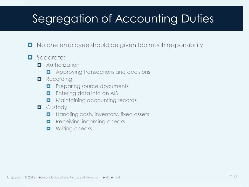 Segregation of Accounting Duties  No one employee should be given too much responsibility  Separate:  Authorization  Approving transactions and decisions  Recording  Preparing source documents  Entering data into an AIS  Maintaining accounting records  Custody  Handling cash, inventory, fixed assets  Receiving incoming checks  Writing checks Copyright © 2012 Pearson Education, Inc.