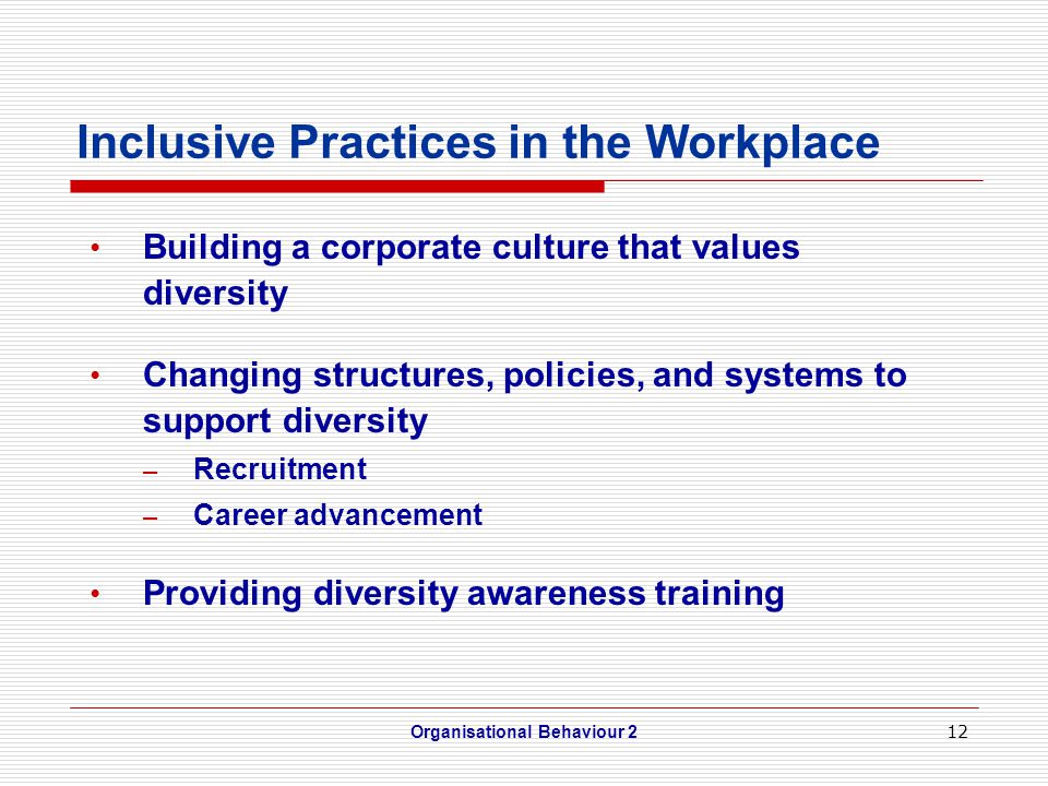 12 Inclusive Practices in the Workplace Building a corporate culture that values diversity Changing structures, policies, and systems to support diversity – Recruitment – Career advancement Providing diversity awareness training Organisational Behaviour 2