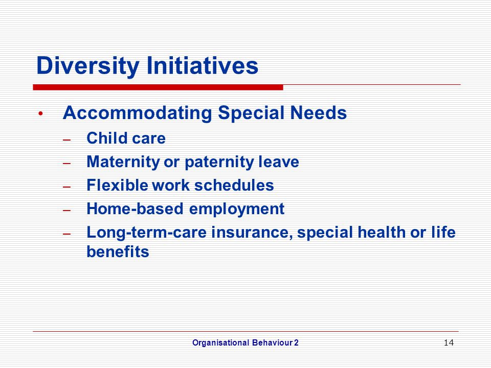 14 Diversity Initiatives Accommodating Special Needs – Child care – Maternity or paternity leave – Flexible work schedules – Home-based employment – Long-term-care insurance, special health or life benefits Organisational Behaviour 2