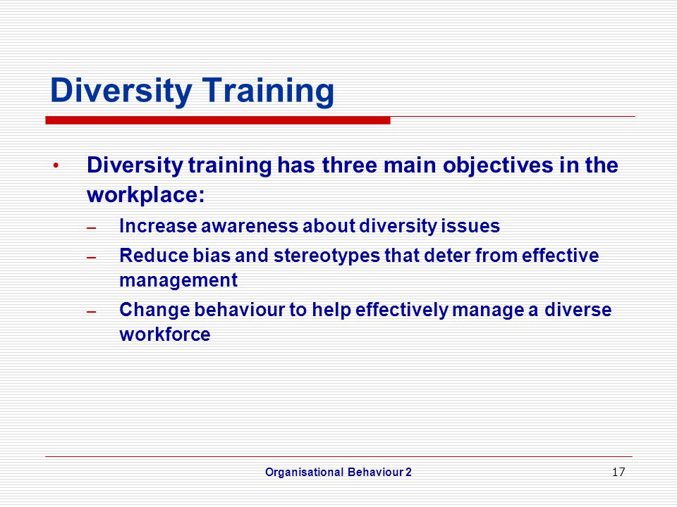 17 Diversity Training Diversity training has three main objectives in the workplace: – Increase awareness about diversity issues – Reduce bias and stereotypes that deter from effective management – Change behaviour to help effectively manage a diverse workforce Organisational Behaviour 2
