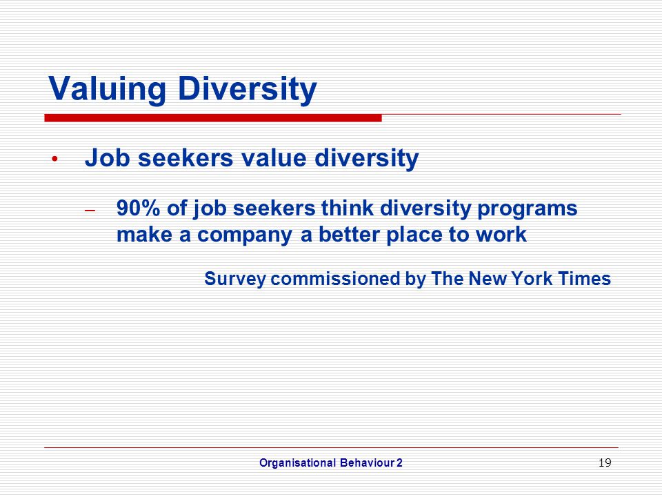 19 Valuing Diversity Job seekers value diversity – 90% of job seekers think diversity programs make a company a better place to work Survey commissioned by The New York Times Organisational Behaviour 2
