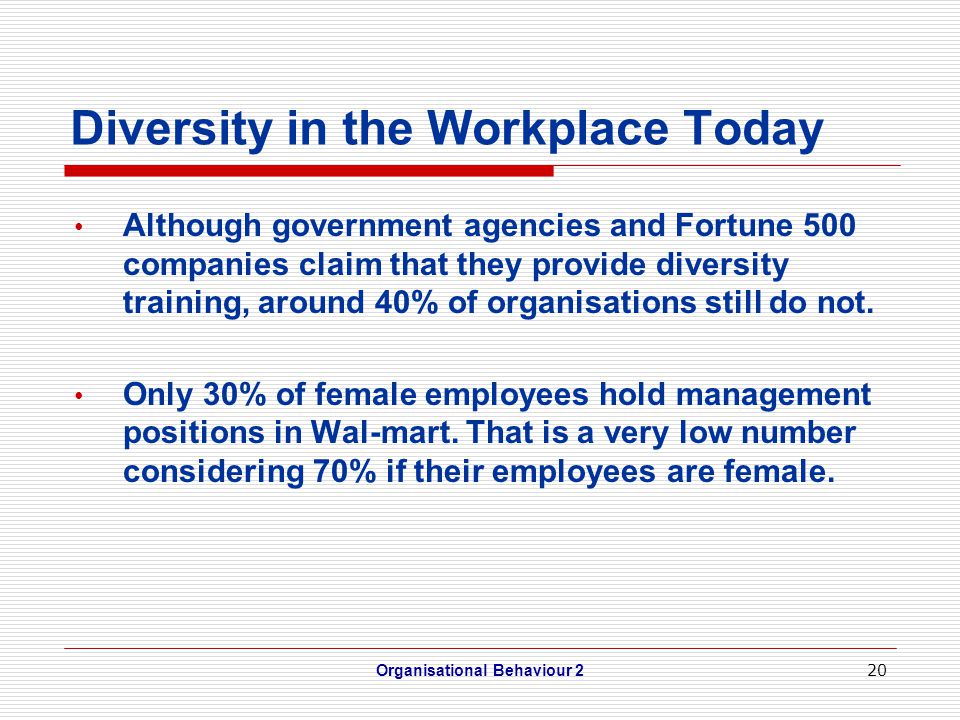 20 Diversity in the Workplace Today Although government agencies and Fortune 500 companies claim that they provide diversity training, around 40% of organisations still do not.