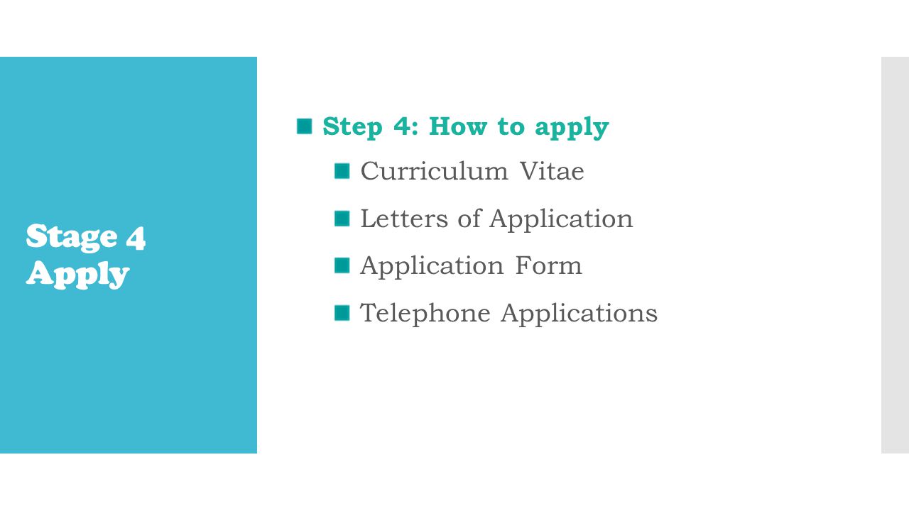 Stage 4 Apply Step 4: How to apply Curriculum Vitae Letters of Application Application Form Telephone Applications