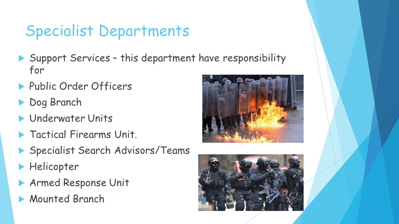 Specialist Departments  Support Services – this department have responsibility for  Public Order Officers  Dog Branch  Underwater Units  Tactical Firearms Unit.