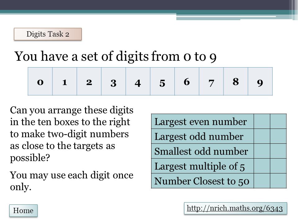 Home Digits Task 2 You have a set of digits from 0 to Can you arrange these digits in the ten boxes to the right to make two-digit numbers as close to the targets as possible.
