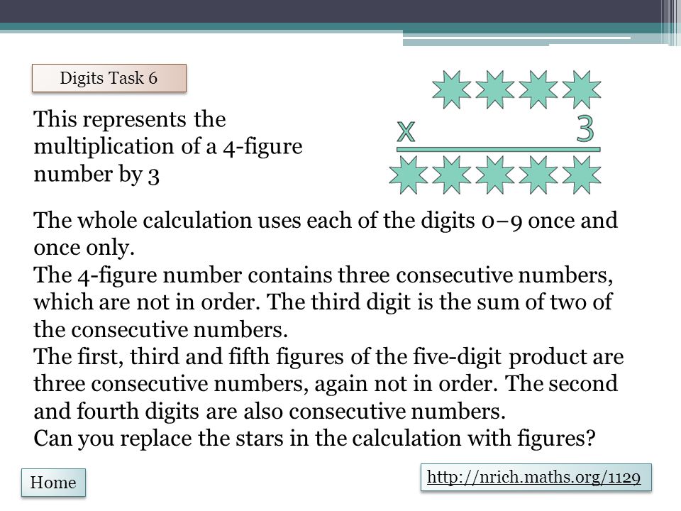 Home Digits Task 6 This represents the multiplication of a 4-figure number by 3 The whole calculation uses each of the digits 0−9 once and once only.