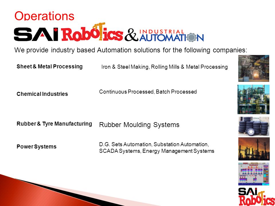 Operations We provide industry based Automation solutions for the following companies: Sheet & Metal Processing Iron & Steel Making, Rolling Mills & Metal Processing D.G.