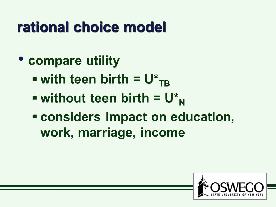 rational choice model compare utility  with teen birth = U* TB  without teen birth = U* N  considers impact on education, work, marriage, income compare utility  with teen birth = U* TB  without teen birth = U* N  considers impact on education, work, marriage, income