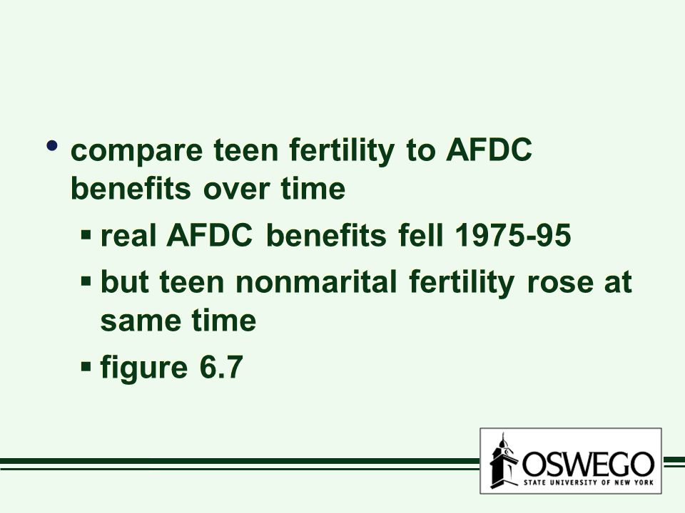 compare teen fertility to AFDC benefits over time  real AFDC benefits fell  but teen nonmarital fertility rose at same time  figure 6.7 compare teen fertility to AFDC benefits over time  real AFDC benefits fell  but teen nonmarital fertility rose at same time  figure 6.7