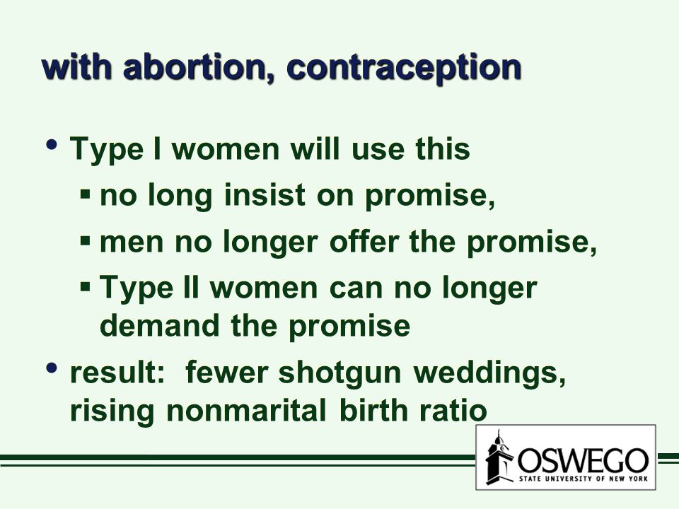 with abortion, contraception Type I women will use this  no long insist on promise,  men no longer offer the promise,  Type II women can no longer demand the promise result: fewer shotgun weddings, rising nonmarital birth ratio Type I women will use this  no long insist on promise,  men no longer offer the promise,  Type II women can no longer demand the promise result: fewer shotgun weddings, rising nonmarital birth ratio