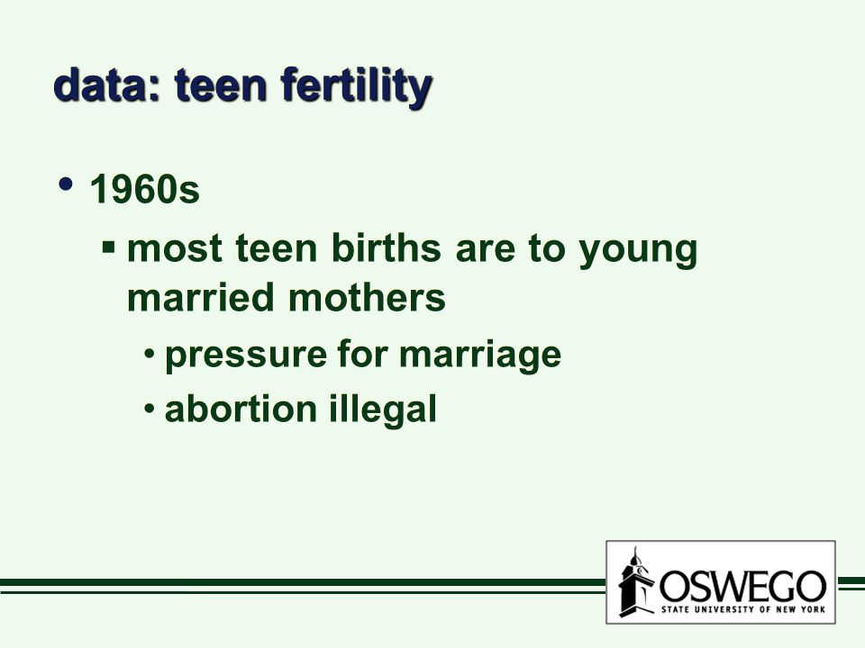 data: teen fertility 1960s  most teen births are to young married mothers pressure for marriage abortion illegal 1960s  most teen births are to young married mothers pressure for marriage abortion illegal