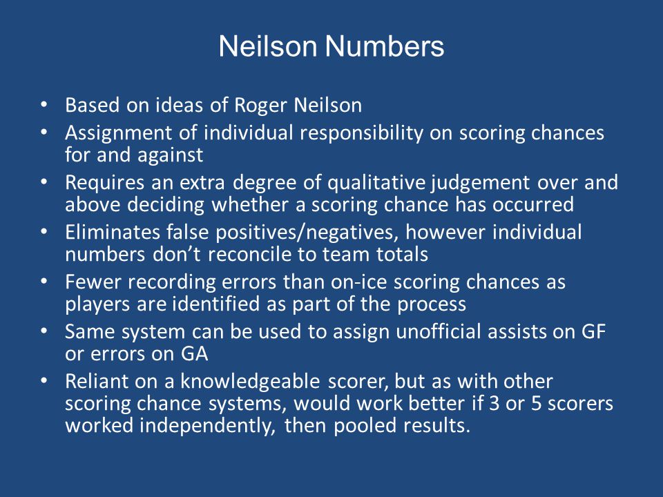 Neilson Numbers Based on ideas of Roger Neilson Assignment of individual responsibility on scoring chances for and against Requires an extra degree of qualitative judgement over and above deciding whether a scoring chance has occurred Eliminates false positives/negatives, however individual numbers don’t reconcile to team totals Fewer recording errors than on-ice scoring chances as players are identified as part of the process Same system can be used to assign unofficial assists on GF or errors on GA Reliant on a knowledgeable scorer, but as with other scoring chance systems, would work better if 3 or 5 scorers worked independently, then pooled results.
