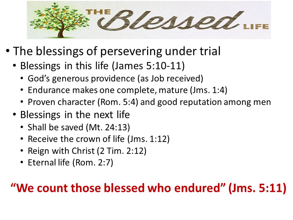 The blessings of persevering under trial Blessings in this life (James 5:10-11) God’s generous providence (as Job received) Endurance makes one complete, mature (Jms.
