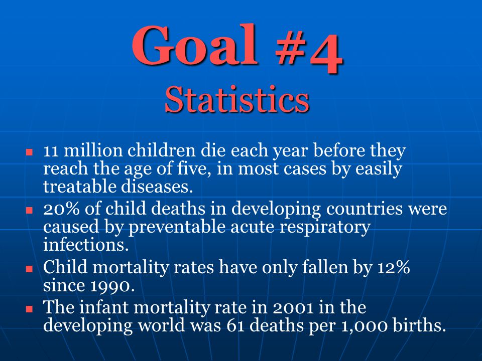 Goal #4 Statistics 11 million children die each year before they reach the age of five, in most cases by easily treatable diseases.