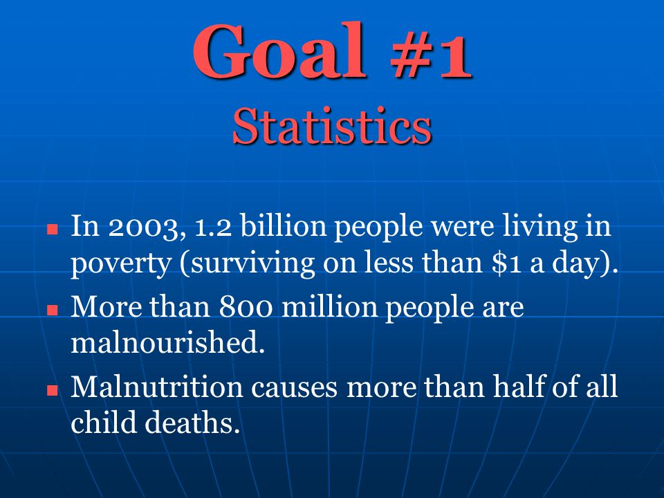 Goal #1 Statistics In 2003, 1.2 billion people were living in poverty (surviving on less than $1 a day).