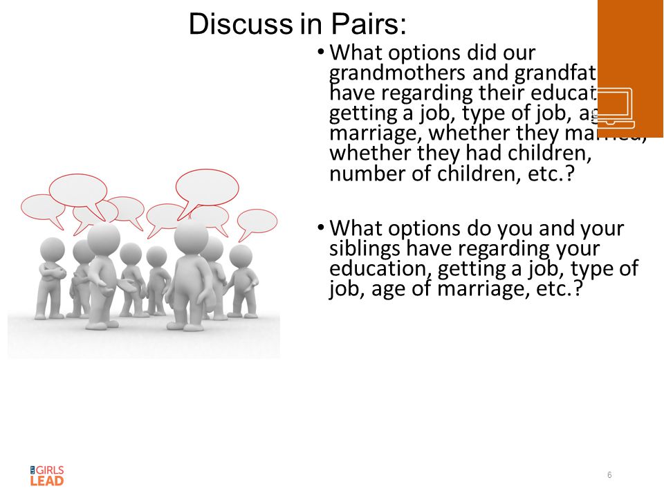 Discuss in Pairs: What options did our grandmothers and grandfathers have regarding their education, getting a job, type of job, age of marriage, whether they married, whether they had children, number of children, etc..