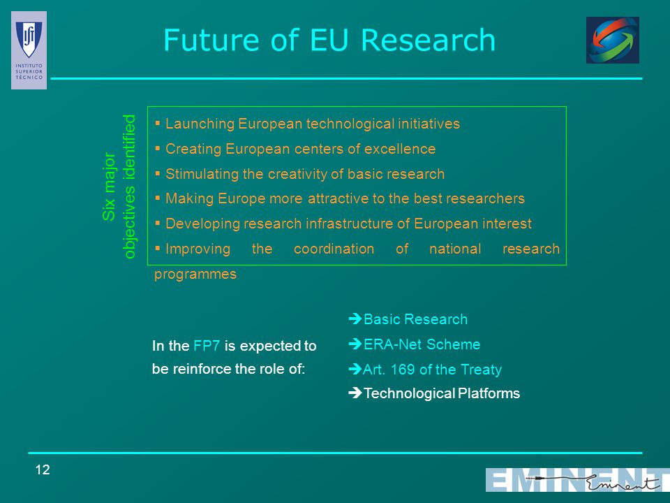 12 Future of EU Research In the FP7 is expected to be reinforce the role of:  Technological Platforms  Basic Research  ERA-Net Scheme  Art.