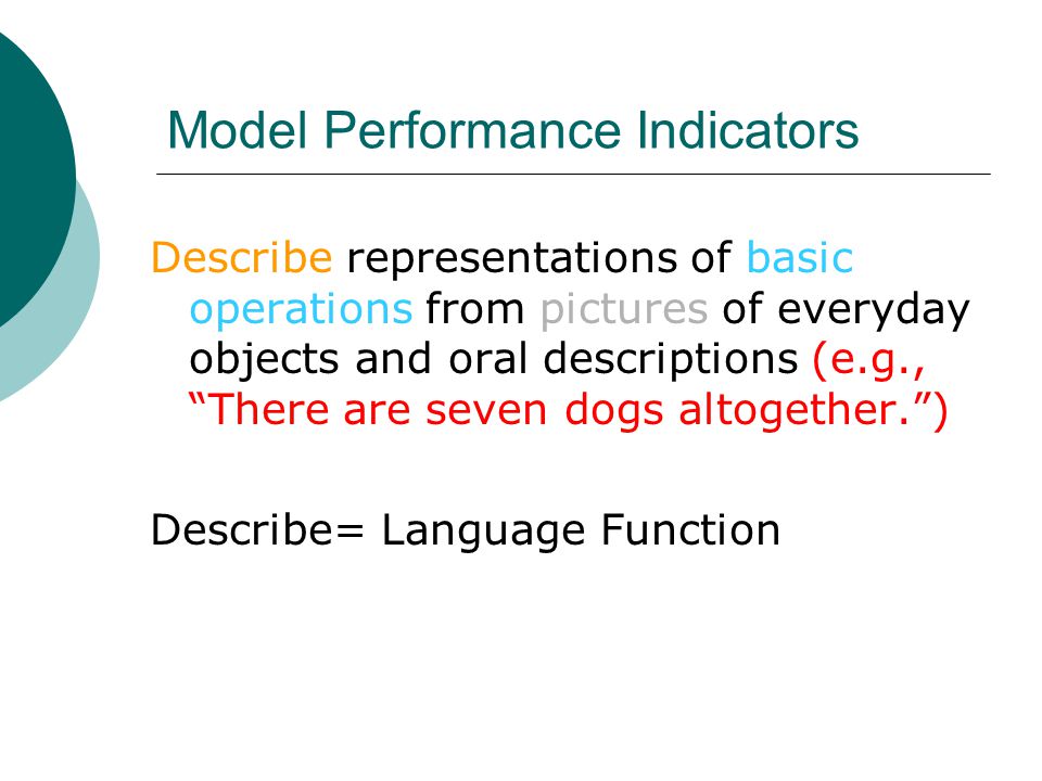 Model Performance Indicators Describe representations of basic operations from pictures of everyday objects and oral descriptions (e.g., There are seven dogs altogether. ) Describe= Language Function