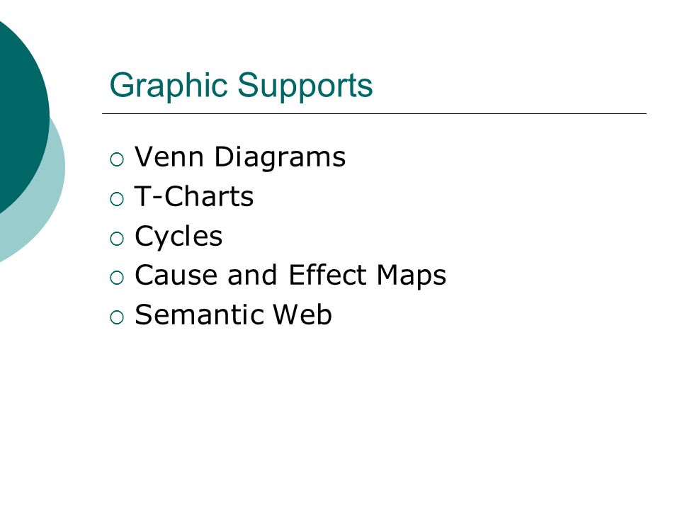 Graphic Supports  Venn Diagrams  T-Charts  Cycles  Cause and Effect Maps  Semantic Web