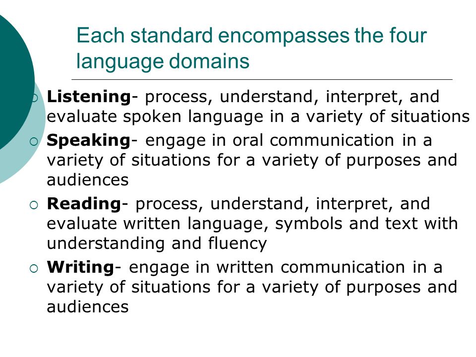 Each standard encompasses the four language domains  Listening- process, understand, interpret, and evaluate spoken language in a variety of situations  Speaking- engage in oral communication in a variety of situations for a variety of purposes and audiences  Reading- process, understand, interpret, and evaluate written language, symbols and text with understanding and fluency  Writing- engage in written communication in a variety of situations for a variety of purposes and audiences