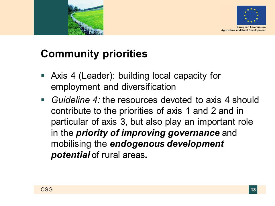 CSG 13 Community priorities  Axis 4 (Leader): building local capacity for employment and diversification  Guideline 4: the resources devoted to axis 4 should contribute to the priorities of axis 1 and 2 and in particular of axis 3, but also play an important role in the priority of improving governance and mobilising the endogenous development potential of rural areas.