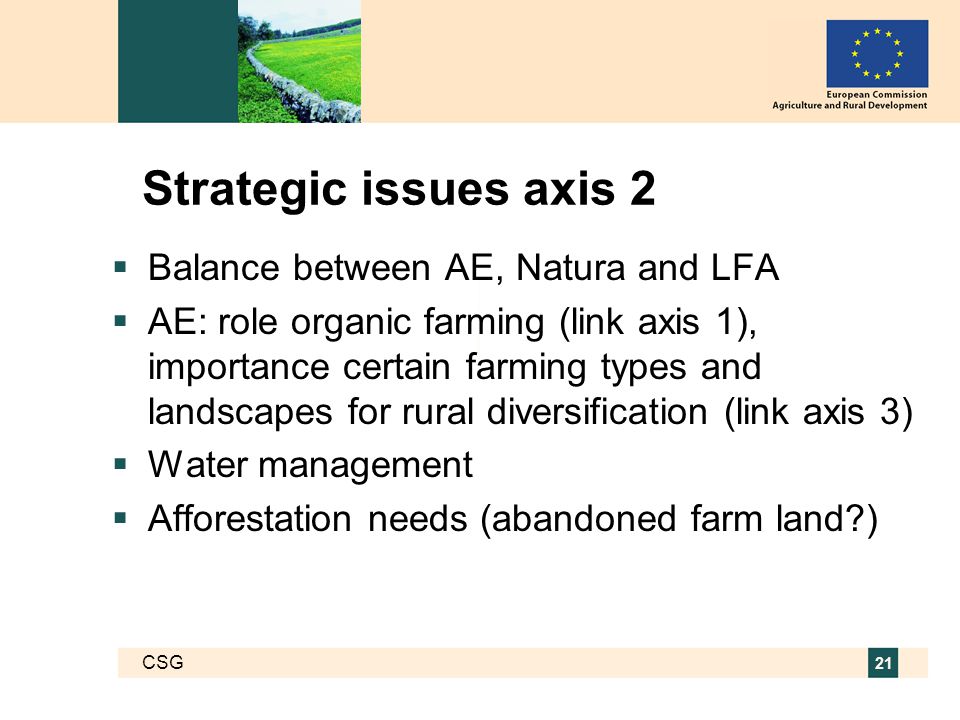 CSG 21 Strategic issues axis 2  Balance between AE, Natura and LFA  AE: role organic farming (link axis 1), importance certain farming types and landscapes for rural diversification (link axis 3)  Water management  Afforestation needs (abandoned farm land )