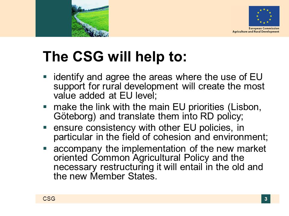 CSG 3 The CSG will help to:  identify and agree the areas where the use of EU support for rural development will create the most value added at EU level;  make the link with the main EU priorities (Lisbon, Göteborg) and translate them into RD policy;  ensure consistency with other EU policies, in particular in the field of cohesion and environment;  accompany the implementation of the new market oriented Common Agricultural Policy and the necessary restructuring it will entail in the old and the new Member States.