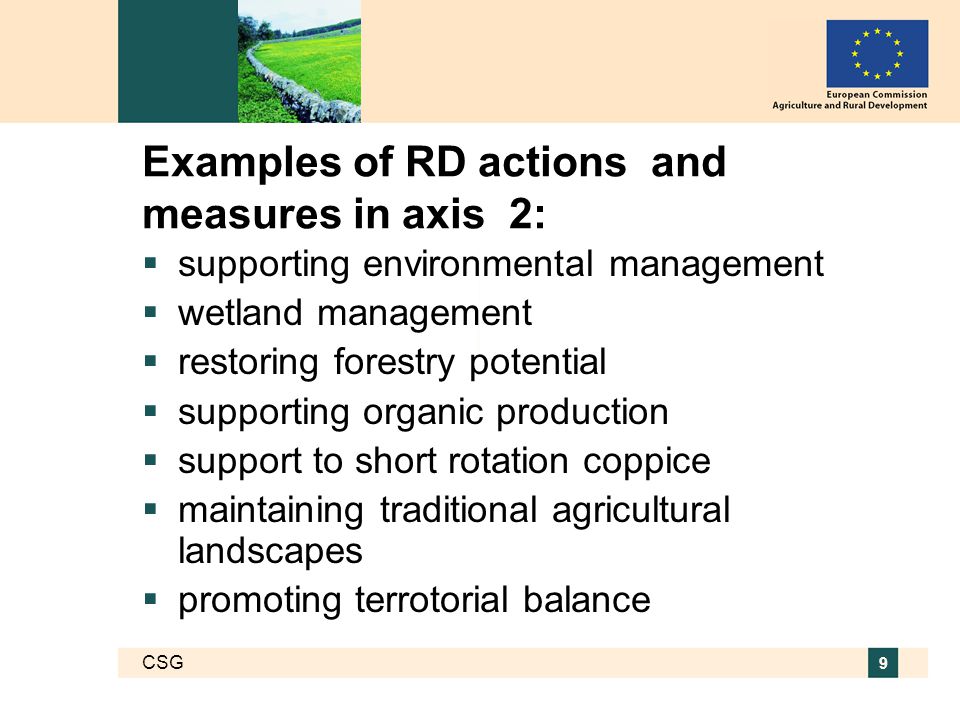 CSG 9 Examples of RD actions and measures in axis 2:  supporting environmental management  wetland management  restoring forestry potential  supporting organic production  support to short rotation coppice  maintaining traditional agricultural landscapes  promoting terrotorial balance