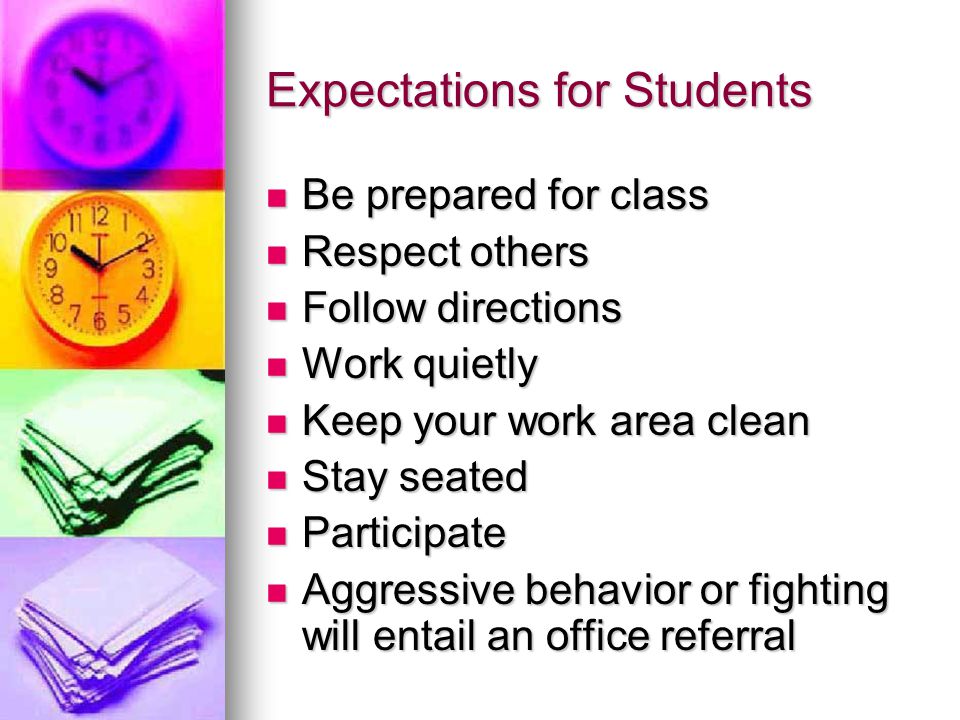 Expectations for Students Be prepared for class Be prepared for class Respect others Respect others Follow directions Follow directions Work quietly Work quietly Keep your work area clean Keep your work area clean Stay seated Stay seated Participate Participate Aggressive behavior or fighting will entail an office referral Aggressive behavior or fighting will entail an office referral