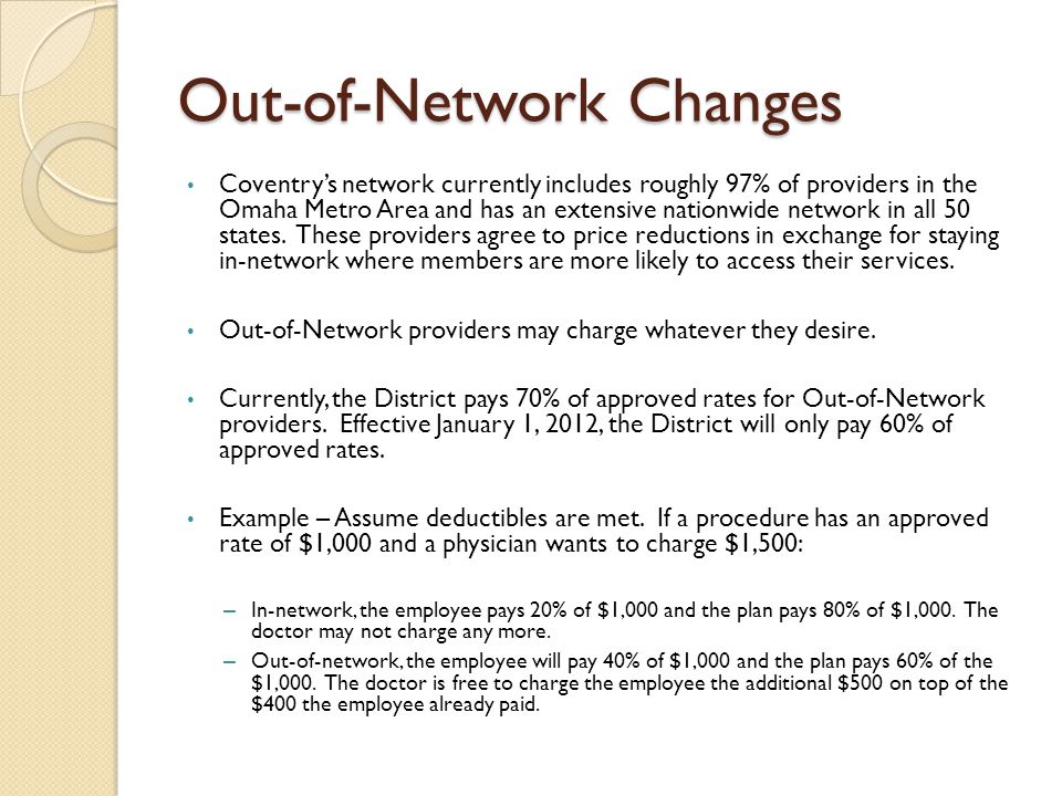 Out-of-Network Changes Coventry’s network currently includes roughly 97% of providers in the Omaha Metro Area and has an extensive nationwide network in all 50 states.
