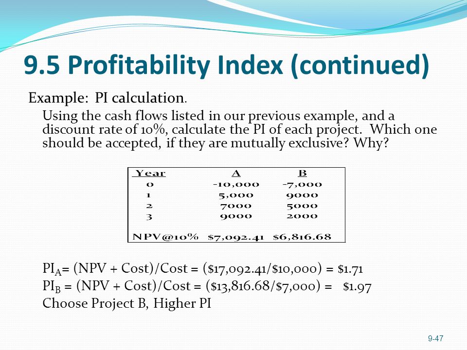 Capital Budgeting 9 1 Learning Objectives Explain 9 5 Profitability Index Continued Example Pi Calculation