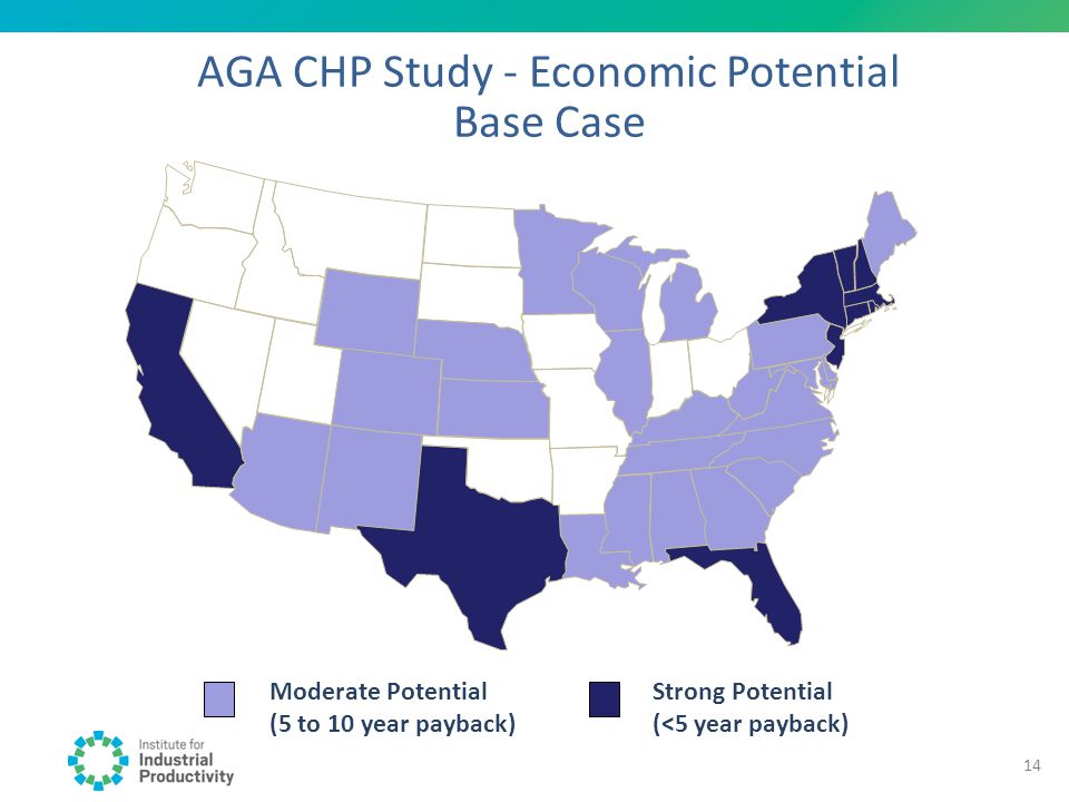 AGA CHP Study - Economic Potential Base Case Moderate Potential (5 to 10 year payback) Strong Potential (<5 year payback) 14