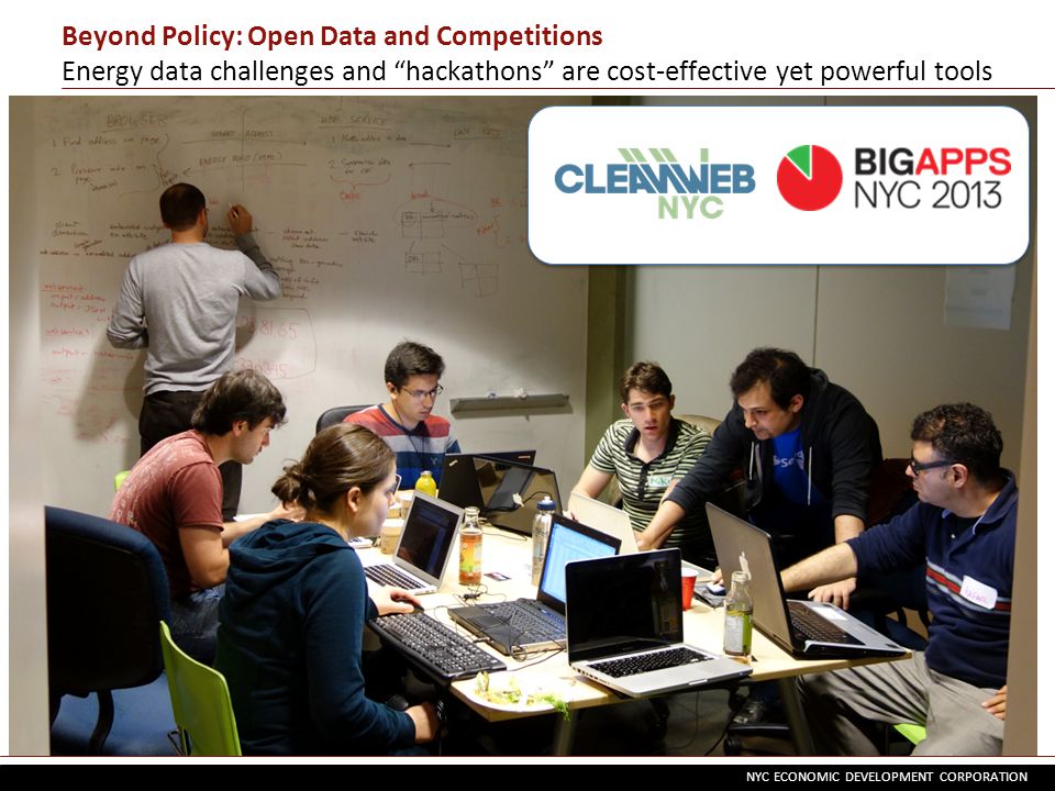 NYC ECONOMIC DEVELOPMENT CORPORATION 6 Beyond Policy: Open Data and Competitions Energy data challenges and hackathons are cost-effective yet powerful tools