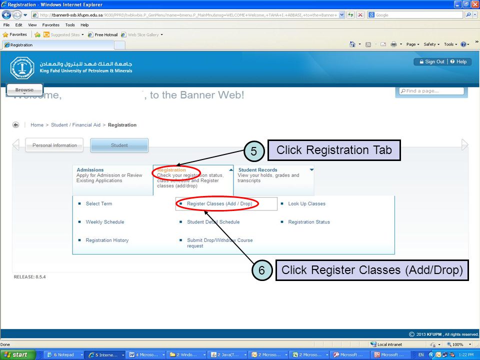 5 Click Registration Tab 6 Click Register Classes (Add/Drop)