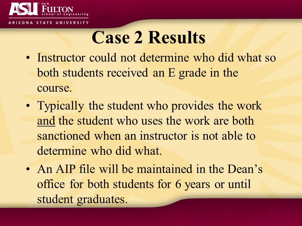 Case 2 Results Instructor could not determine who did what so both students received an E grade in the course.