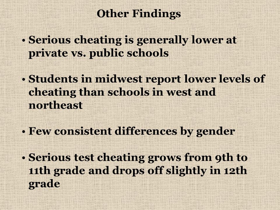 Other Findings Serious cheating is generally lower at private vs.