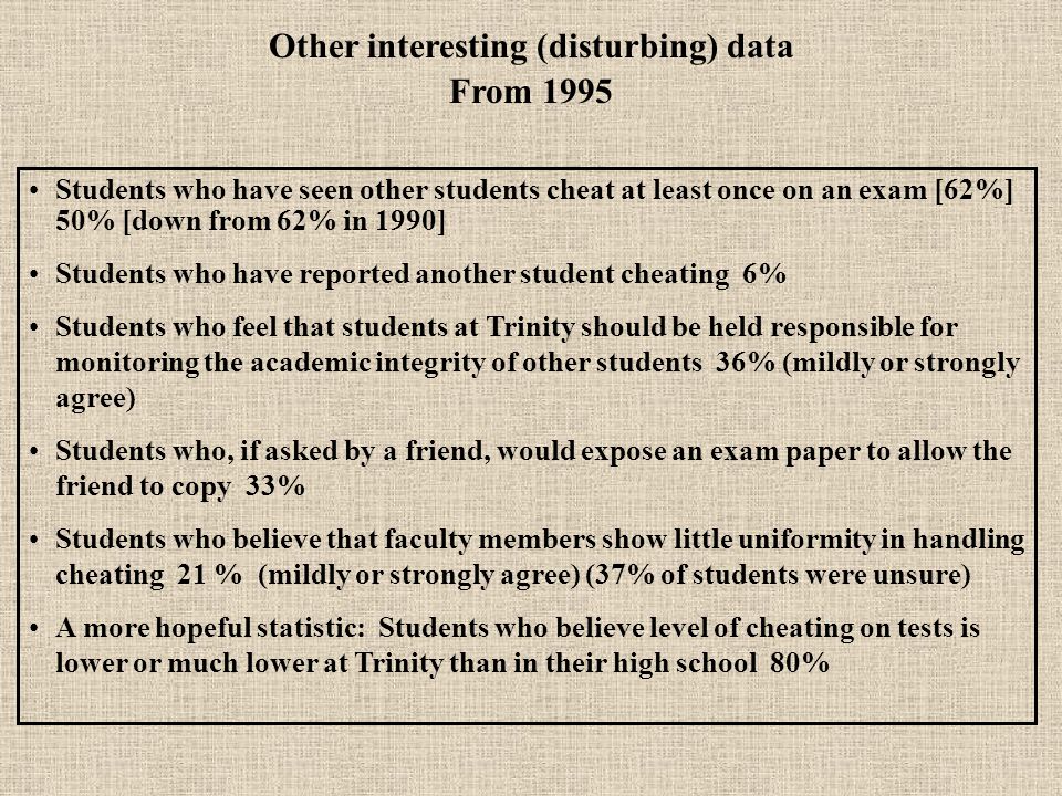 Students who have seen other students cheat at least once on an exam [62%] 50% [down from 62% in 1990] Students who have reported another student cheating 6% Students who feel that students at Trinity should be held responsible for monitoring the academic integrity of other students 36% (mildly or strongly agree) Students who, if asked by a friend, would expose an exam paper to allow the friend to copy 33% Students who believe that faculty members show little uniformity in handling cheating 21 % (mildly or strongly agree) (37% of students were unsure) A more hopeful statistic: Students who believe level of cheating on tests is lower or much lower at Trinity than in their high school 80% Other interesting (disturbing) data From 1995