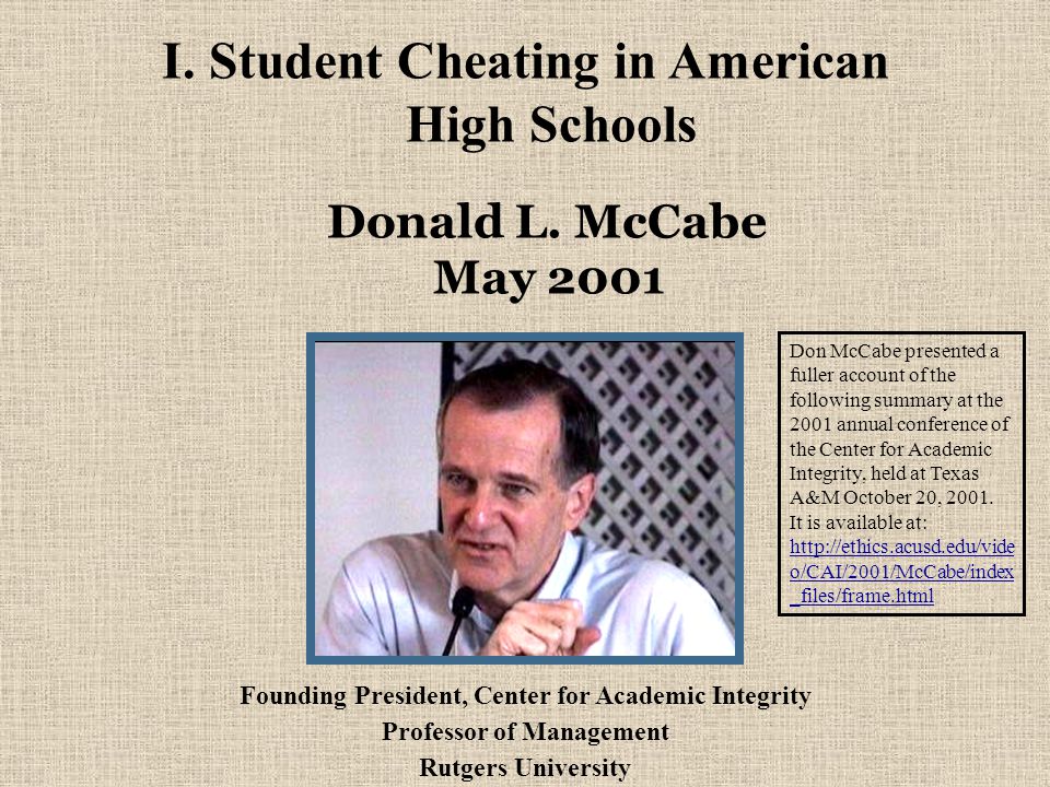 I. Student Cheating in American High Schools Donald L.