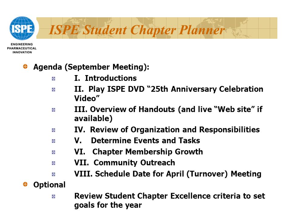 ISPE Student Chapter Planner Agenda (September Meeting): I.