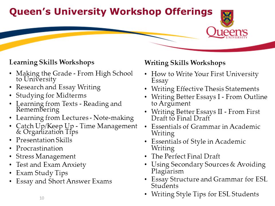 10 Queen’s University Workshop Offerings Learning Skills Workshops Making the Grade - From High School to University Research and Essay Writing Studying for Midterms Learning from Texts - Reading and Remembering Learning from Lectures - Note-making Catch Up/Keep Up - Time Management & Organization Tips Presentation Skills Procrastination Stress Management Test and Exam Anxiety Exam Study Tips Essay and Short Answer Exams Writing Skills Workshops How to Write Your First University Essay Writing Effective Thesis Statements Writing Better Essays I - From Outline to Argument Writing Better Essays II - From First Draft to Final Draft Essentials of Grammar in Academic Writing Essentials of Style in Academic Writing The Perfect Final Draft Using Secondary Sources & Avoiding Plagiarism Essay Structure and Grammar for ESL Students Writing Style Tips for ESL Students