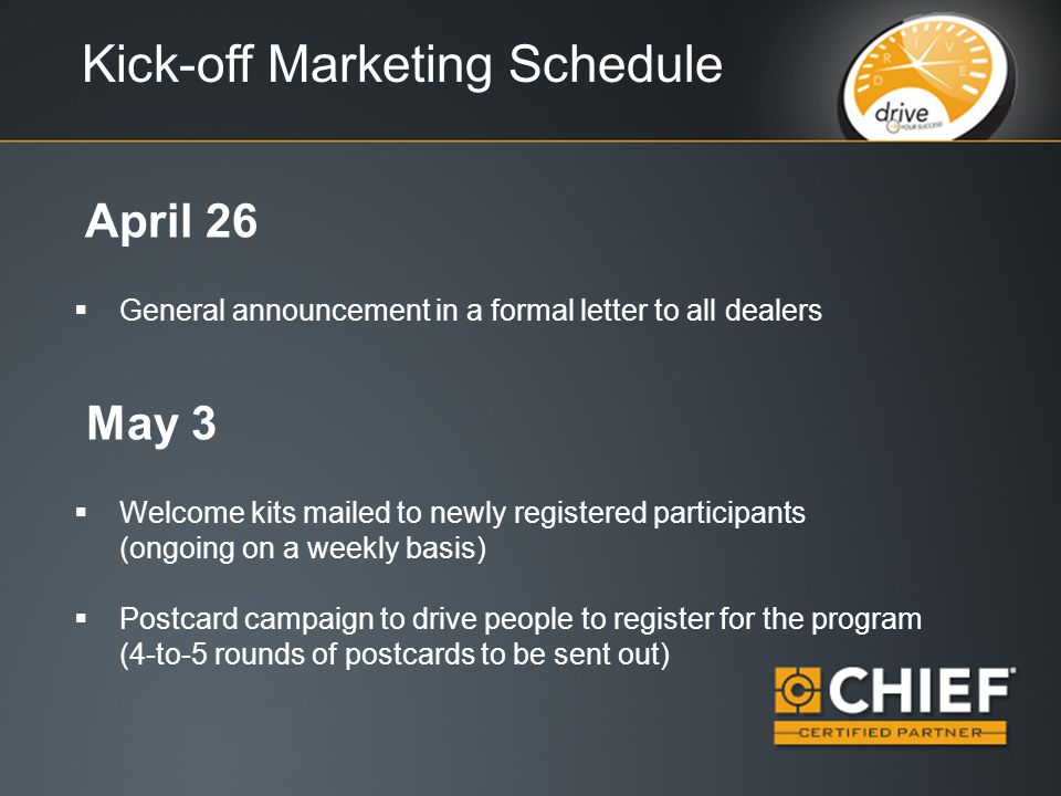 Kick-off Marketing Schedule April 26  General announcement in a formal letter to all dealers May 3  Welcome kits mailed to newly registered participants (ongoing on a weekly basis)  Postcard campaign to drive people to register for the program (4-to-5 rounds of postcards to be sent out)